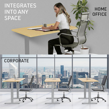 Fortia Sit To Stand Up Standing Desk, 140x60cm, 72-118cm Electric Height Adjustable, 70kg Load, White Oak Style/Silver Frame - Cosy Abode