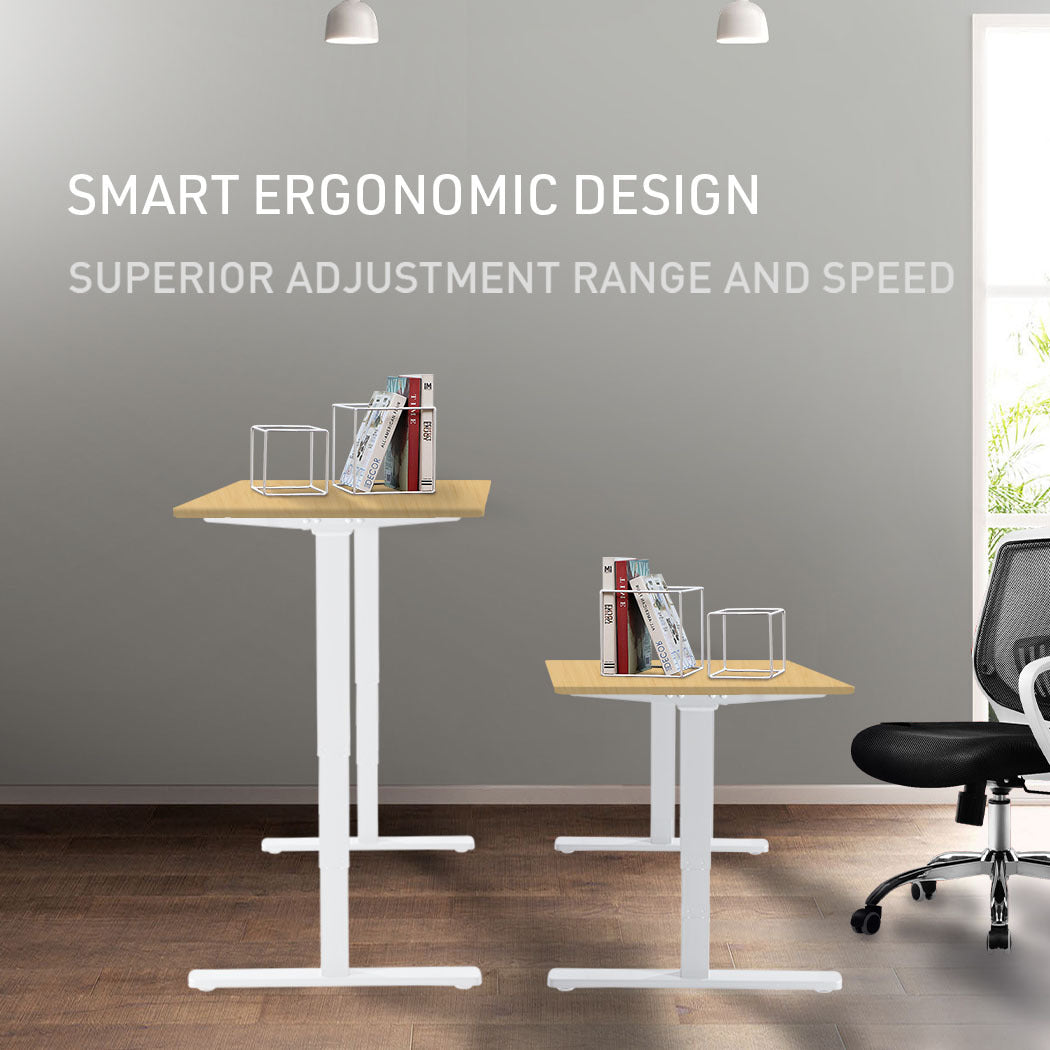 Fortia Sit To Stand Up Standing Desk, 120x60cm, 72-118cm Electric Height Adjustable, 70kg Load, White Oak Style/White Frame - Cosy Abode