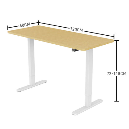 Fortia Sit To Stand Up Standing Desk, 120x60cm, 72-118cm Electric Height Adjustable, 70kg Load, White Oak Style/White Frame - Cosy Abode