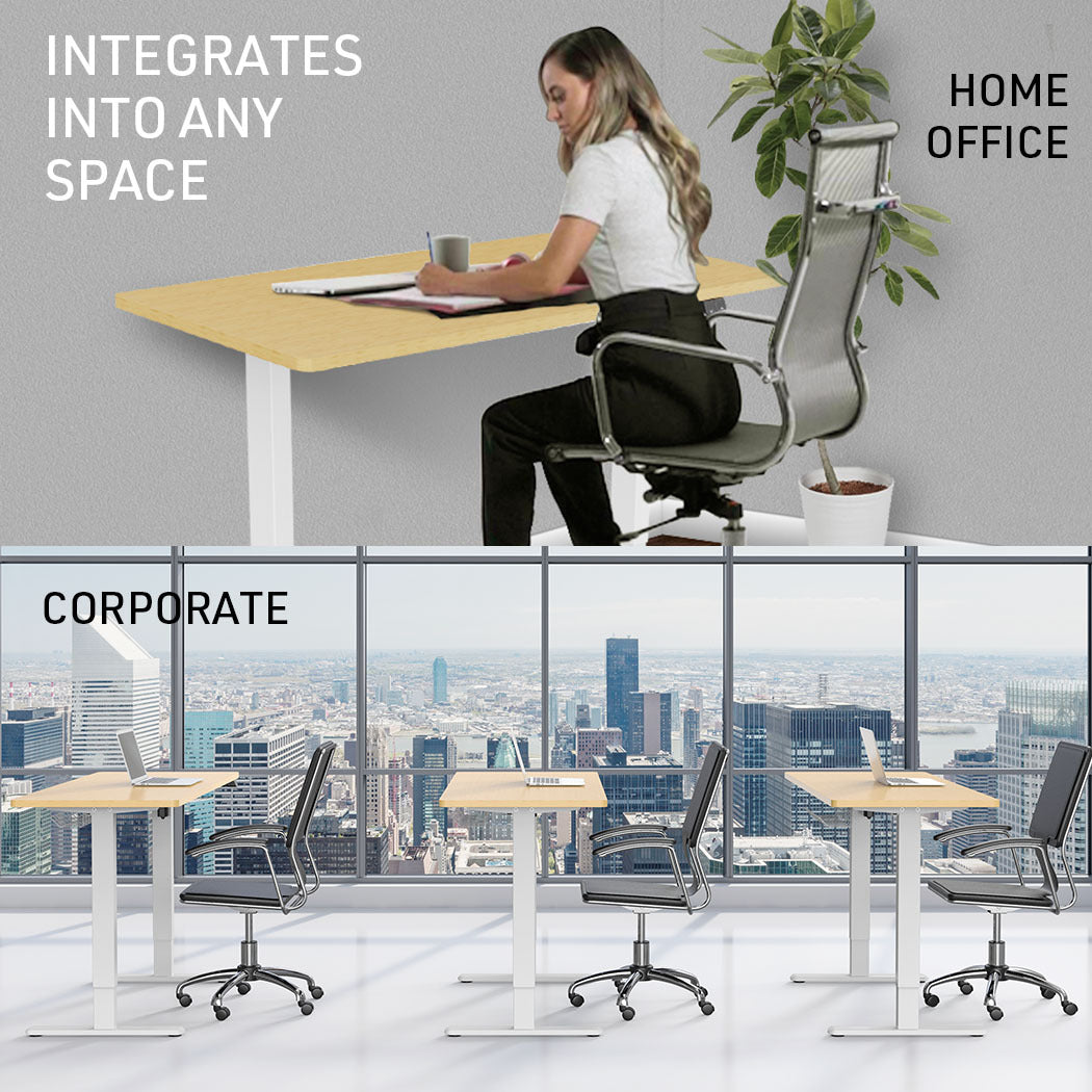 Fortia Sit To Stand Up Standing Desk, 120x60cm, 72-118cm Electric Height Adjustable, 70kg Load, White Oak Style/White Frame - Cosy Abode