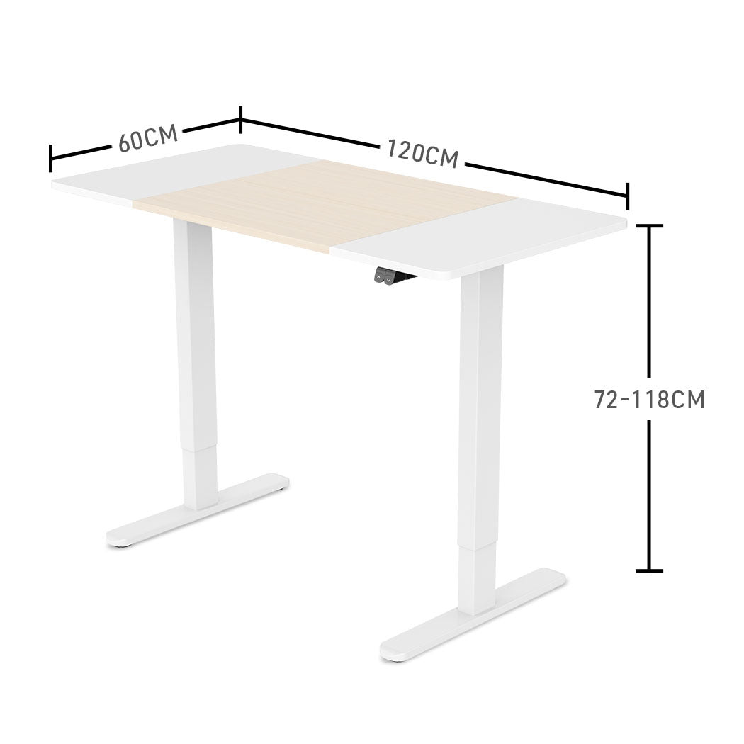 Fortia Sit To Stand Up Standing Desk, 120x60cm, 72-118cm Electric Height Adjustable, 70kg Load, Light Oak Style/White Frame - Cosy Abode