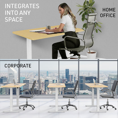 Fortia Sit To Stand Up Standing Desk, 140x60cm, 72-118cm Electric Height Adjustable, 70kg Load, White Oak Style/White Frame - Cosy Abode