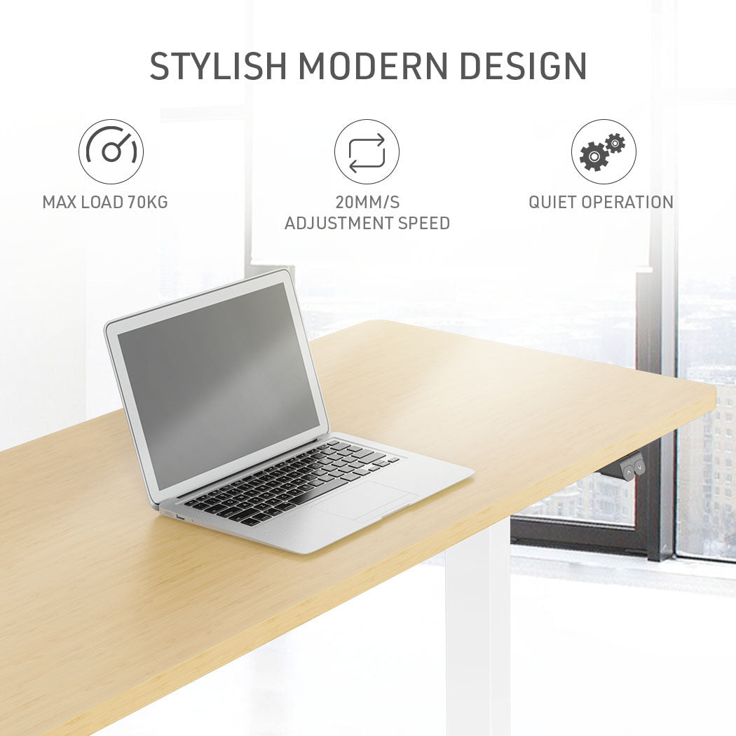 Fortia Sit To Stand Up Standing Desk, 140x60cm, 72-118cm Electric Height Adjustable, 70kg Load, White Oak Style/White Frame - Cosy Abode
