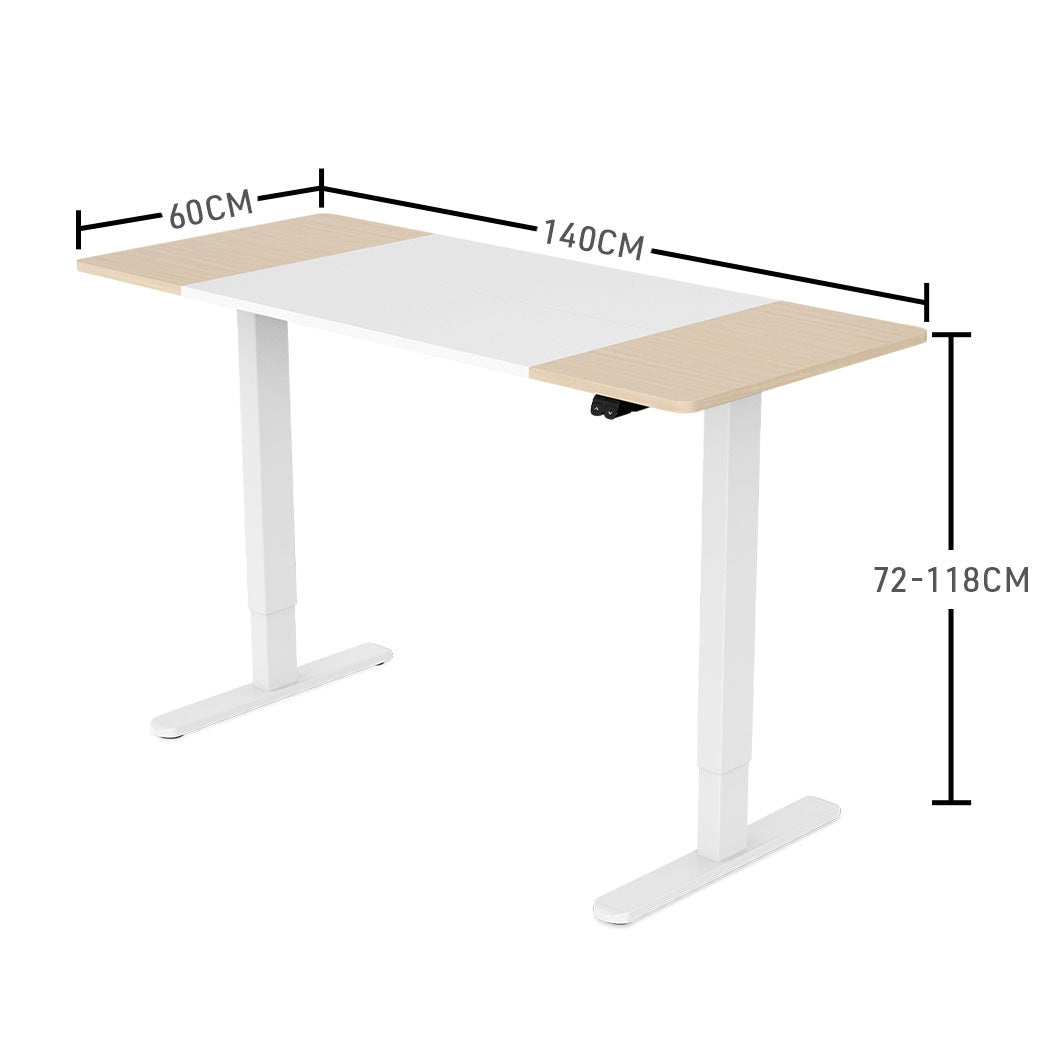 Fortia Sit To Stand Up Standing Desk, 140x60cm, 72-118cm Electric Height Adjustable, 70kg Load, Light Oak Style/White Frame - Cosy Abode