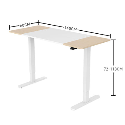 Fortia Sit To Stand Up Standing Desk, 140x60cm, 72-118cm Electric Height Adjustable, 70kg Load, Light Oak Style/White Frame - Cosy Abode
