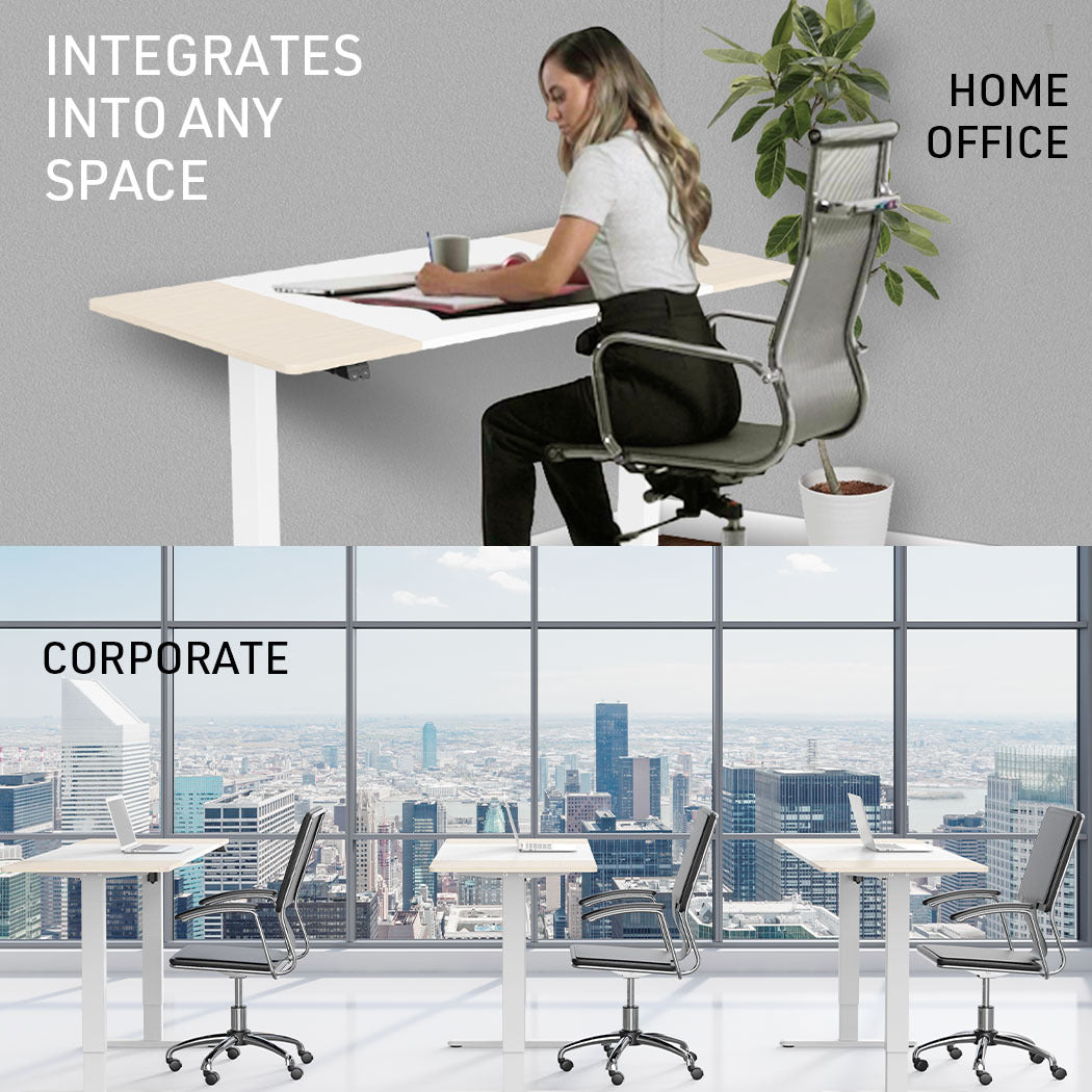 Fortia Sit To Stand Up Standing Desk, 140x60cm, 72-118cm Electric Height Adjustable, 70kg Load, Light Oak Style/White Frame - Cosy Abode
