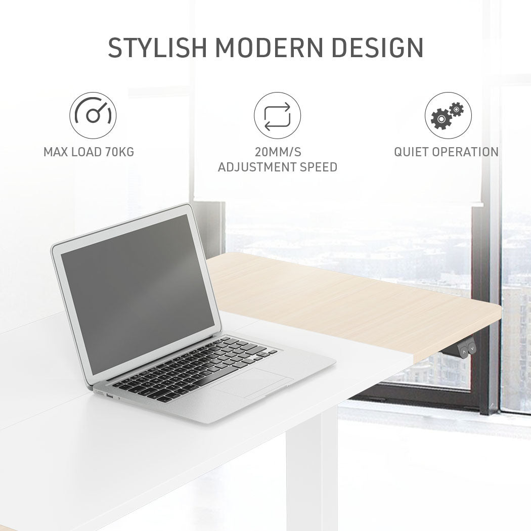 Fortia Sit To Stand Up Standing Desk, 140x60cm, 72-118cm Electric Height Adjustable, 70kg Load, Light Oak Style/White Frame - Cosy Abode