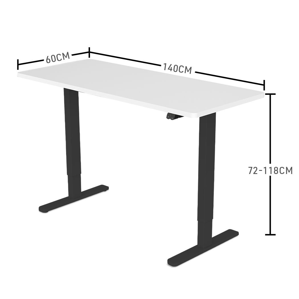 Fortia Sit To Stand Up Standing Desk, 140x60cm, 72-118cm Electric Height Adjustable, 70kg Load, White/Black Frame - Cosy Abode