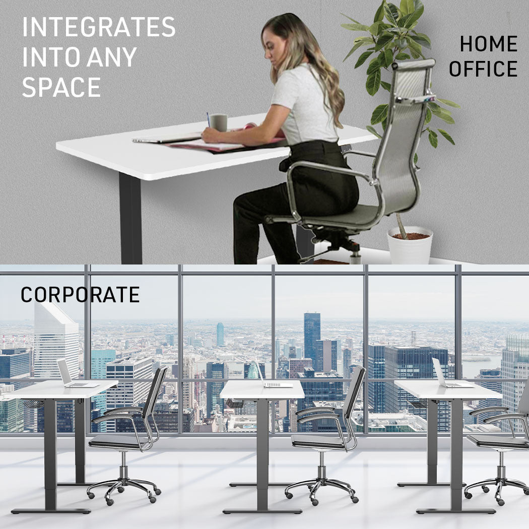 Fortia Sit To Stand Up Standing Desk, 140x60cm, 72-118cm Electric Height Adjustable, 70kg Load, White/Black Frame - Cosy Abode