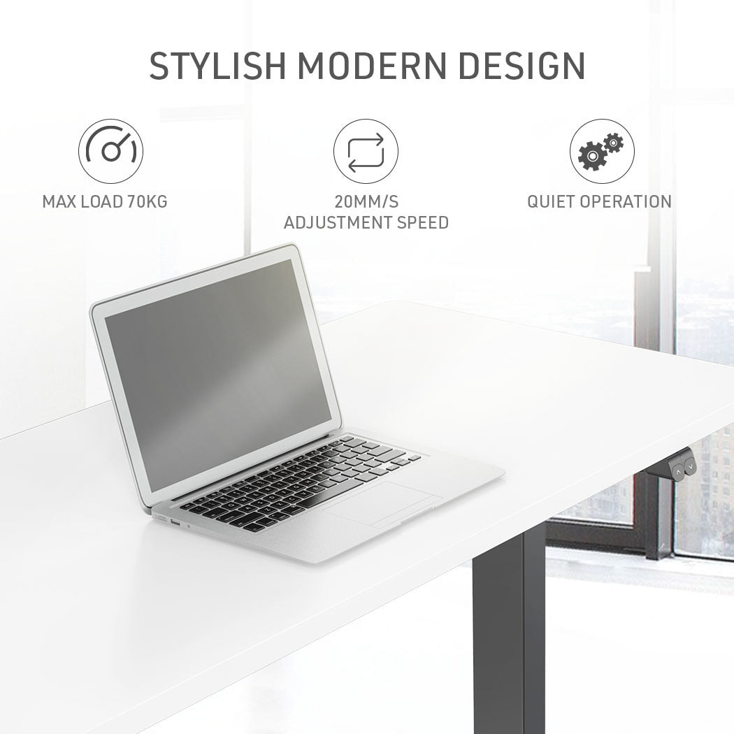 Fortia Sit To Stand Up Standing Desk, 140x60cm, 72-118cm Electric Height Adjustable, 70kg Load, White/Black Frame - Cosy Abode