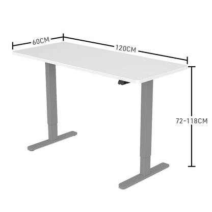 Fortia Sit To Stand Up Standing Desk, 120x60cm, 72-118cm Electric Height Adjustable, 70kg Load, White/Silver Frame - Cosy Abode