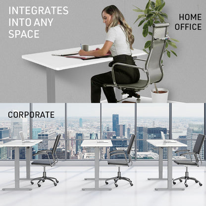 Fortia Sit To Stand Up Standing Desk, 120x60cm, 72-118cm Electric Height Adjustable, 70kg Load, White/Silver Frame - Cosy Abode