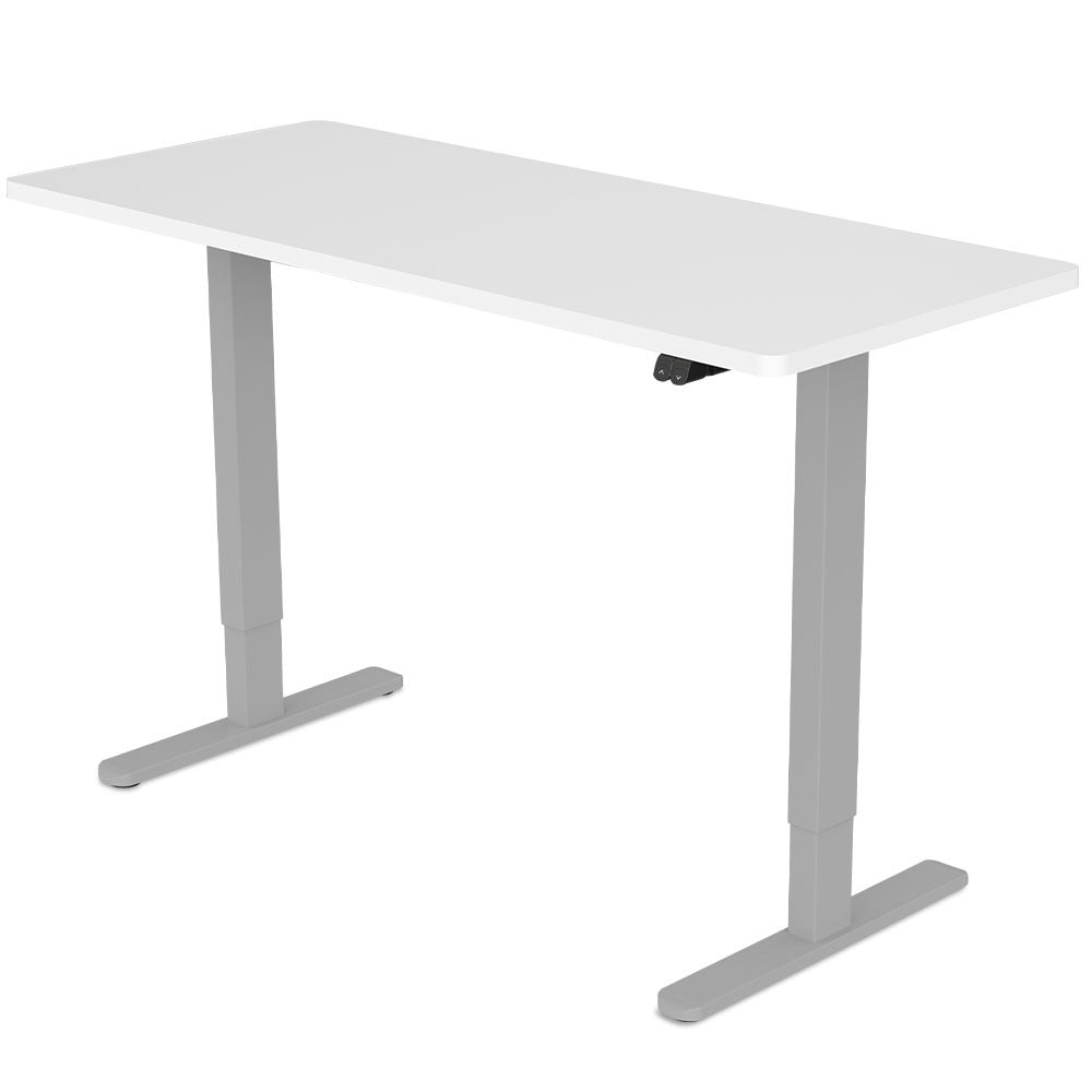 Fortia Sit To Stand Up Standing Desk, 140x60cm, 72-118cm Electric Height Adjustable, 70kg Load, White/Silver Frame - Cosy Abode
