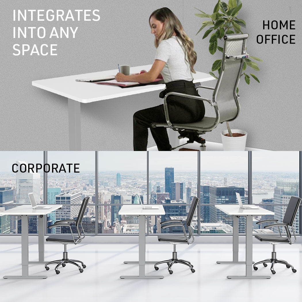 Fortia Sit To Stand Up Standing Desk, 140x60cm, 72-118cm Electric Height Adjustable, 70kg Load, White/Silver Frame - Cosy Abode