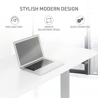 Fortia Sit To Stand Up Standing Desk, 140x60cm, 72-118cm Electric Height Adjustable, 70kg Load, White/Silver Frame - Cosy Abode