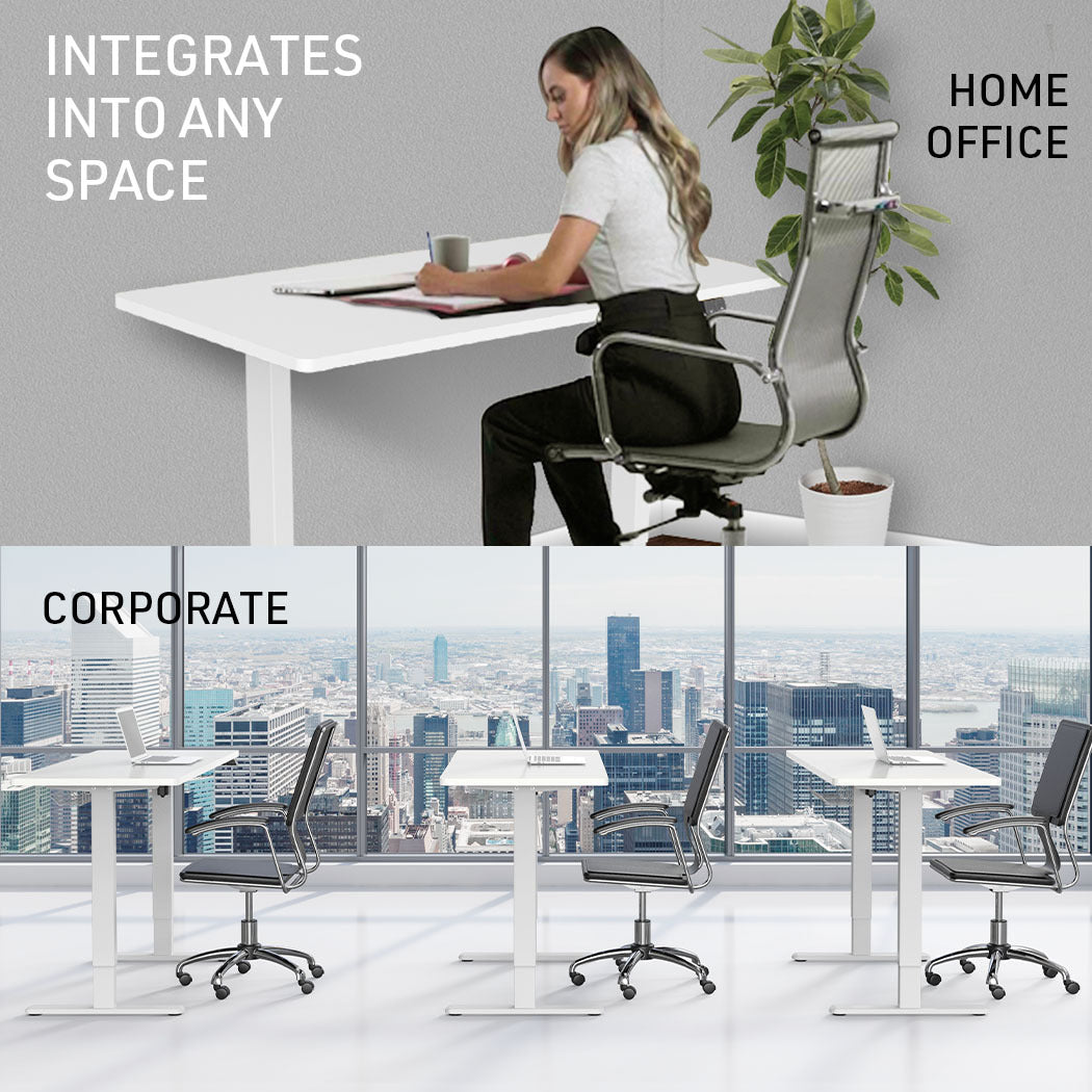 Fortia Sit To Stand Up Standing Desk, 120x60cm, 72-118cm Electric Height Adjustable, 70kg Load, White/White Frame - Cosy Abode