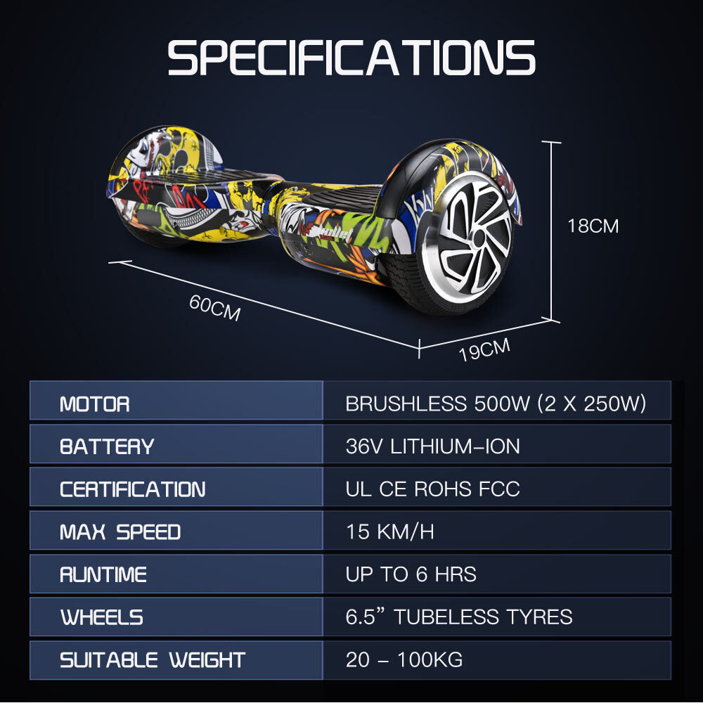 BULLET Electric Hoverboard Scooter 6.5 Inch Wheels, Colour LED Lighting, Carry Bag, Gen III Hiphop design - Cosy Abode