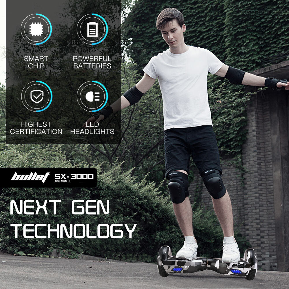 BULLET Electric Hoverboard Scooter 6.5 Inch Wheels, Colour LED Lighting, Carry Bag, Gen III Camo Grey - Cosy Abode