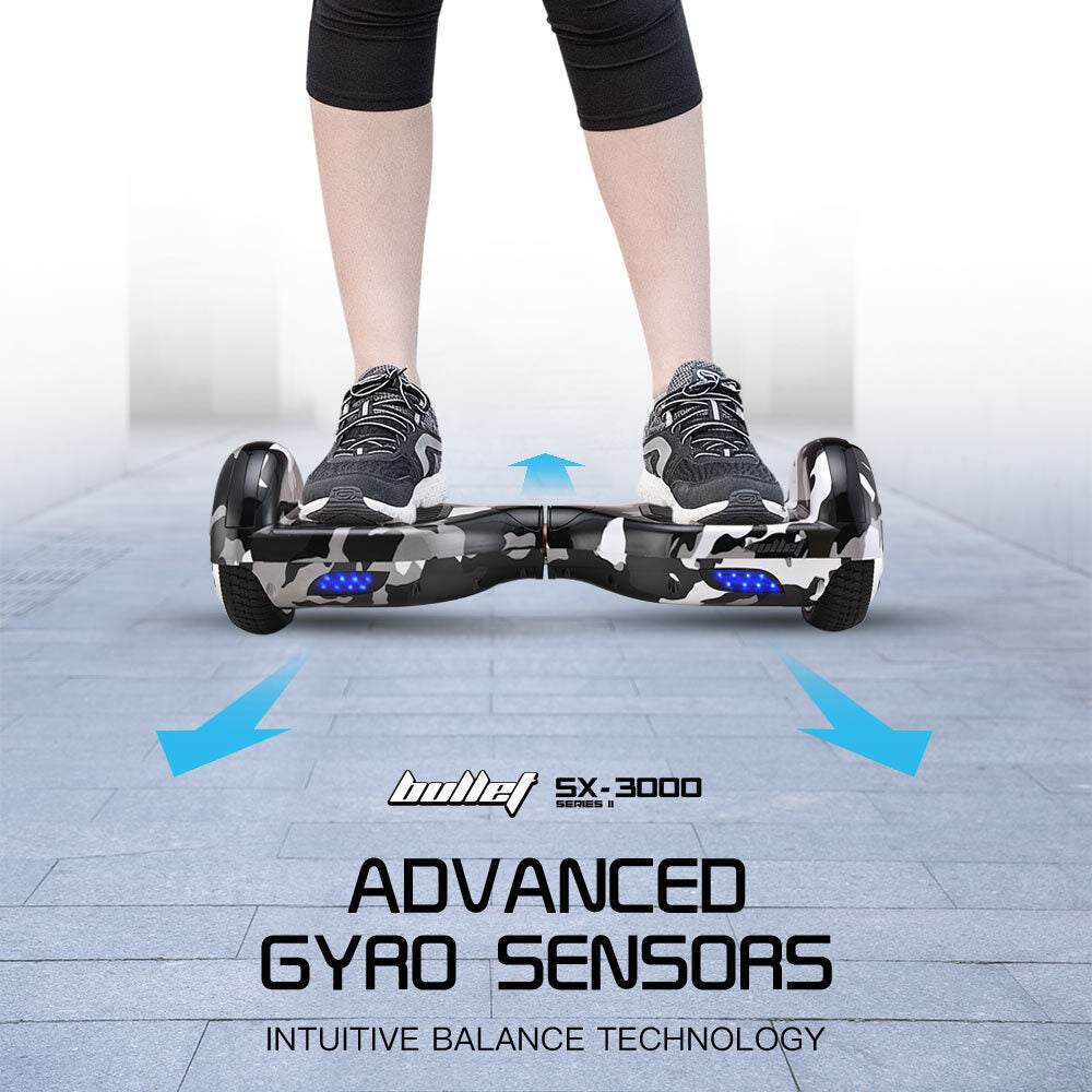 BULLET Electric Hoverboard Scooter 6.5 Inch Wheels, Colour LED Lighting, Carry Bag, Gen III Camo Grey - Cosy Abode