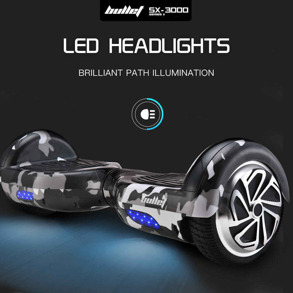 BULLET Electric Hoverboard Scooter 6.5 Inch Wheels, Colour LED Lighting, Carry Bag, Gen III Camo Grey - Cosy Abode