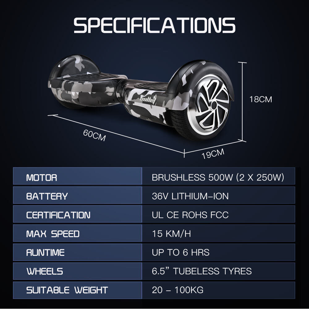 BULLET Electric Hoverboard Scooter 6.5 Inch Wheels, Colour LED Lighting, Carry Bag, Gen III Camo Grey - Cosy Abode