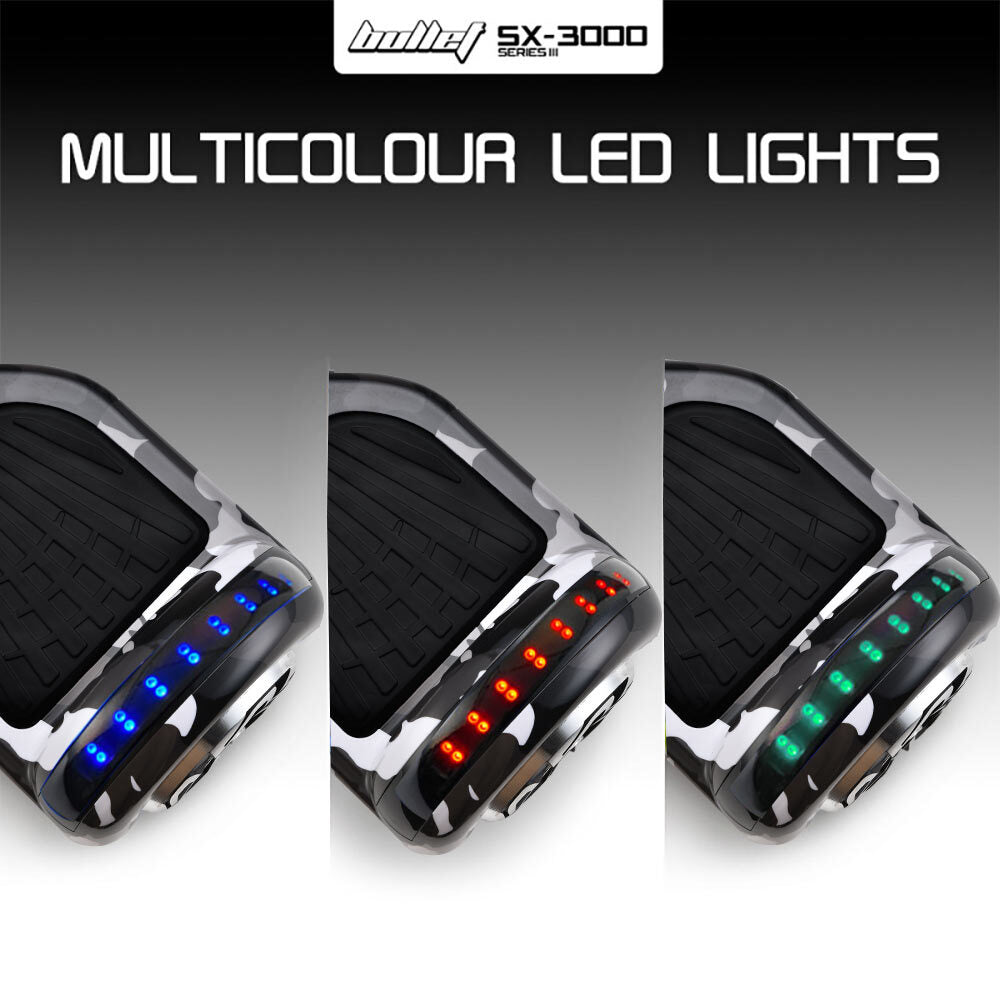 BULLET Electric Hoverboard Scooter 6.5 Inch Wheels, Colour LED Lighting, Carry Bag, Gen III Camo Grey - Cosy Abode