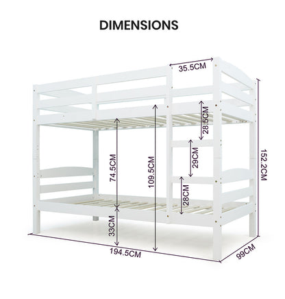 Kingston Slumber Bunk Bed Frame Single Wooden Kids Timber PIne Wood Loft Children Bedroom Furniture - Cosy Abode