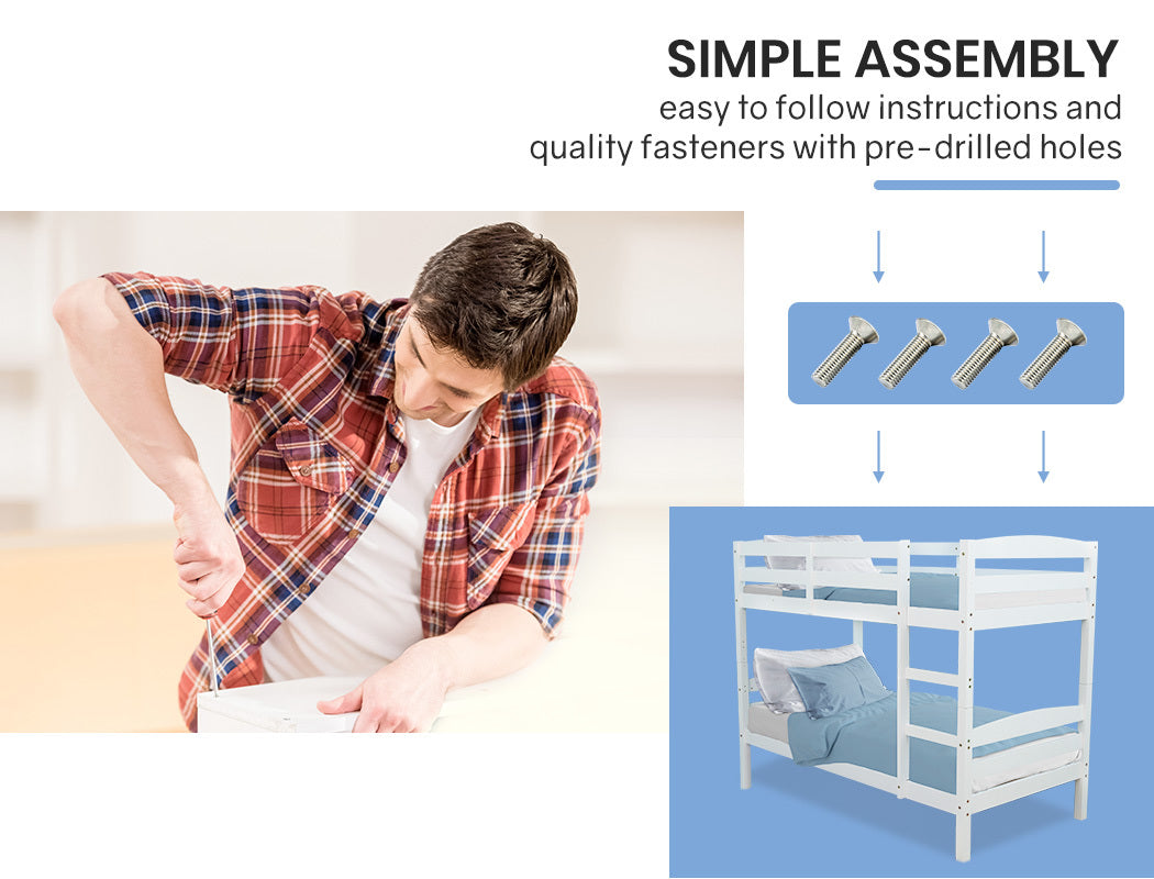 Kingston Slumber Bunk Bed Frame Single Wooden Kids Timber PIne Wood Loft Children Bedroom Furniture - Cosy Abode