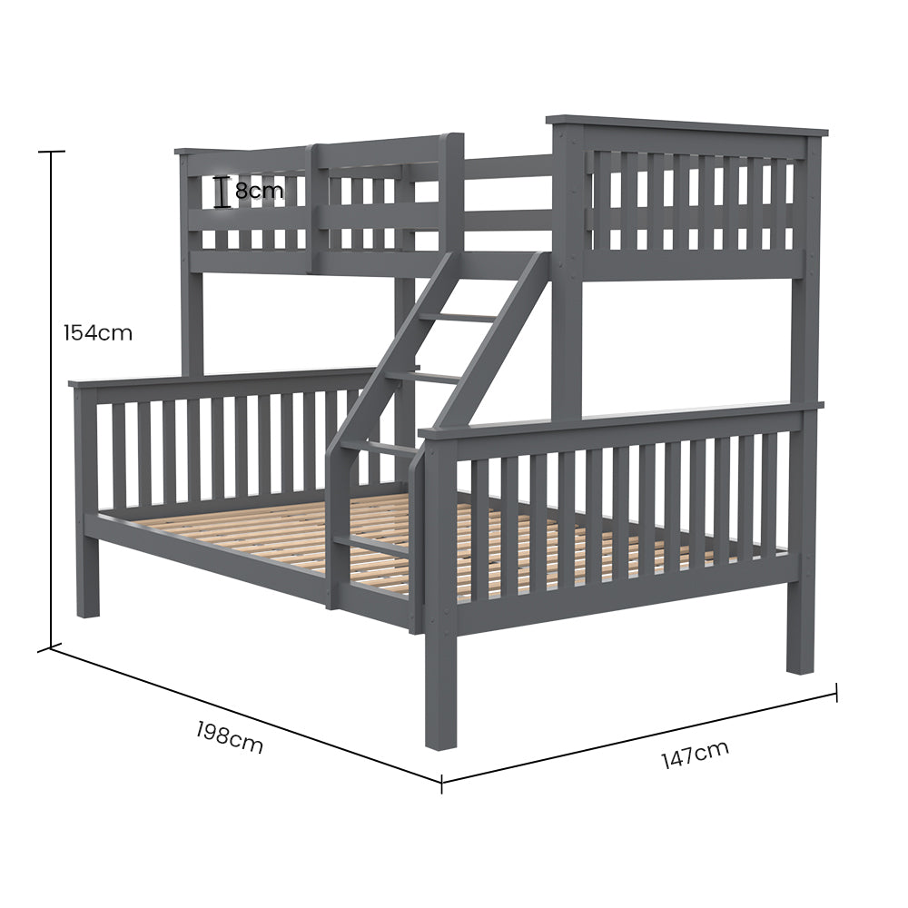 KINGSTON 2in1 Single on Double Bunk Bed Kids Solid Wood Timber Loft Furniture Slats, Grey - Cosy Abode
