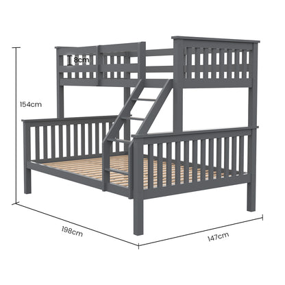 KINGSTON 2in1 Single on Double Bunk Bed Kids Solid Wood Timber Loft Furniture Slats, Grey - Cosy Abode