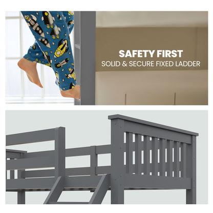 KINGSTON 2in1 Single on Double Bunk Bed Kids Solid Wood Timber Loft Furniture Slats, Grey - Cosy Abode