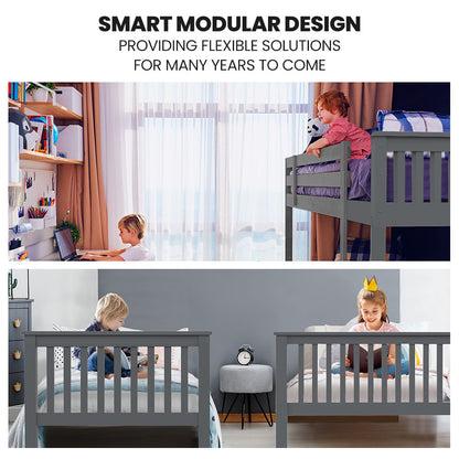 KINGSTON 2in1 Single on Double Bunk Bed Kids Solid Wood Timber Loft Furniture Slats, Grey - Cosy Abode