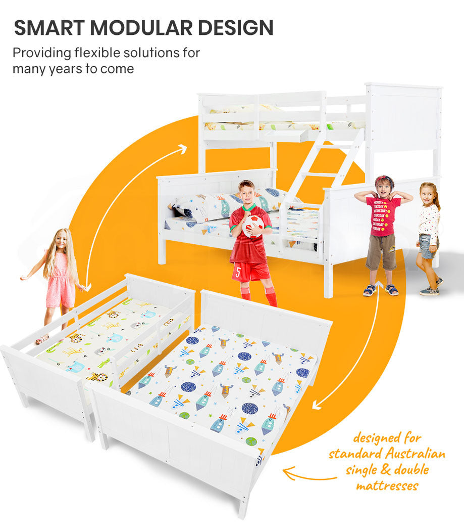 KINGSTON SLUMBER Bunk Bed Frame Modular Single White Wood Kids Double Deck Twin - Cosy Abode