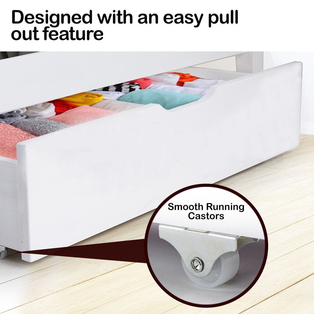 Kingston Slumber 2x Under Bed Storage Drawers White Pine Wooden Wheels - Cosy Abode