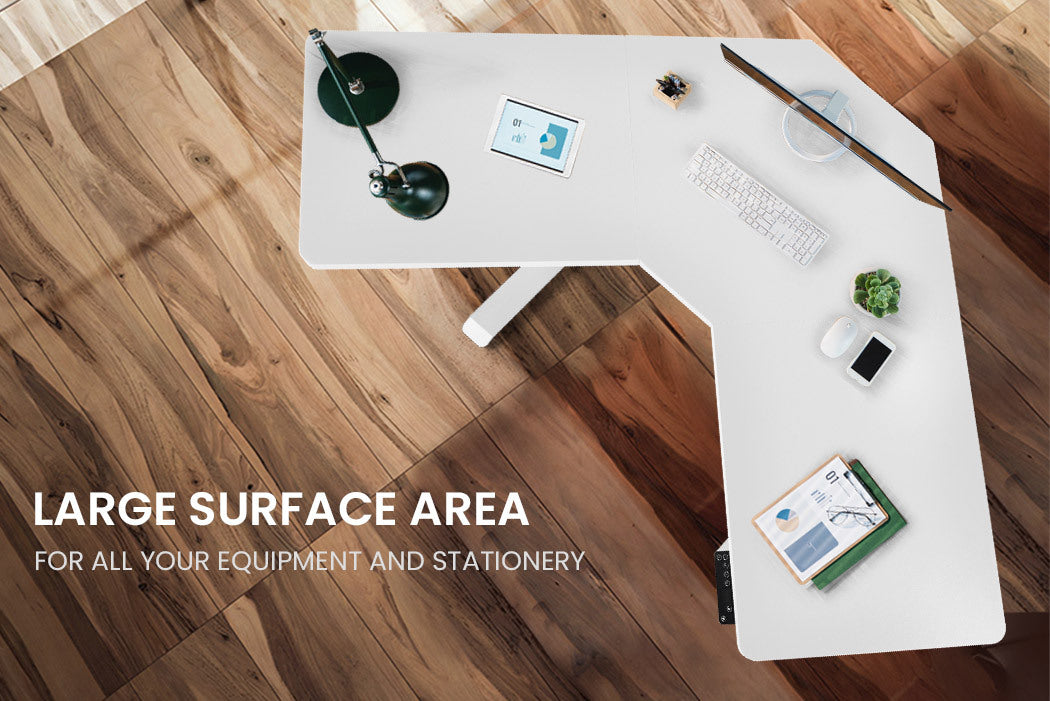 Fortia Sit To Stand Up Corner Standing Desk, 72-120cm, Dual Motor, Electric Height Adjustable, 80kg Load, White/White Frame - Cosy Abode