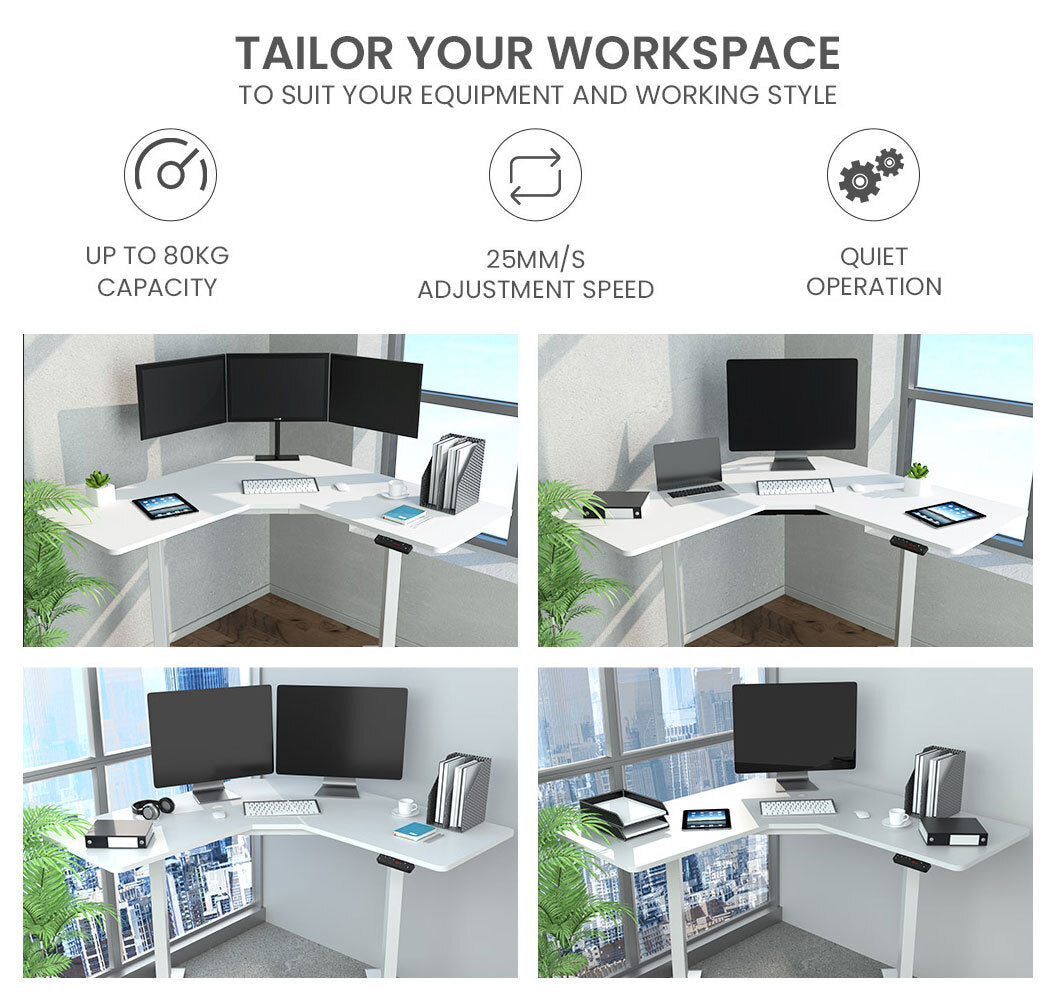 Fortia Sit To Stand Up Corner Standing Desk, 72-120cm, Dual Motor, Electric Height Adjustable, 80kg Load, White/White Frame - Cosy Abode