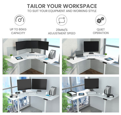 Fortia Sit To Stand Up Corner Standing Desk, 72-120cm, Dual Motor, Electric Height Adjustable, 80kg Load, White/White Frame - Cosy Abode