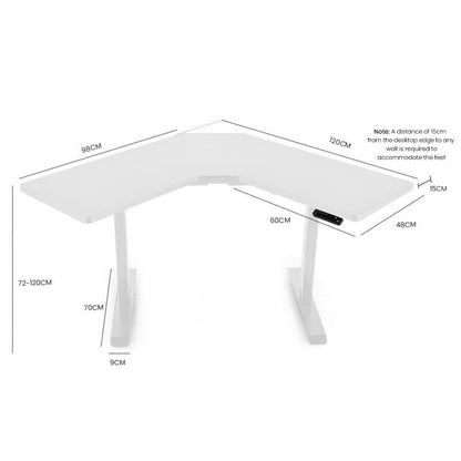 Fortia Sit To Stand Up Corner Standing Desk, 72-120cm, Dual Motor, Electric Height Adjustable, 80kg Load, White/White Frame - Cosy Abode