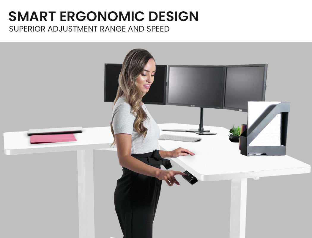 Fortia Sit To Stand Up Corner Standing Desk, 72-120cm, Dual Motor, Electric Height Adjustable, 80kg Load, White/White Frame - Cosy Abode