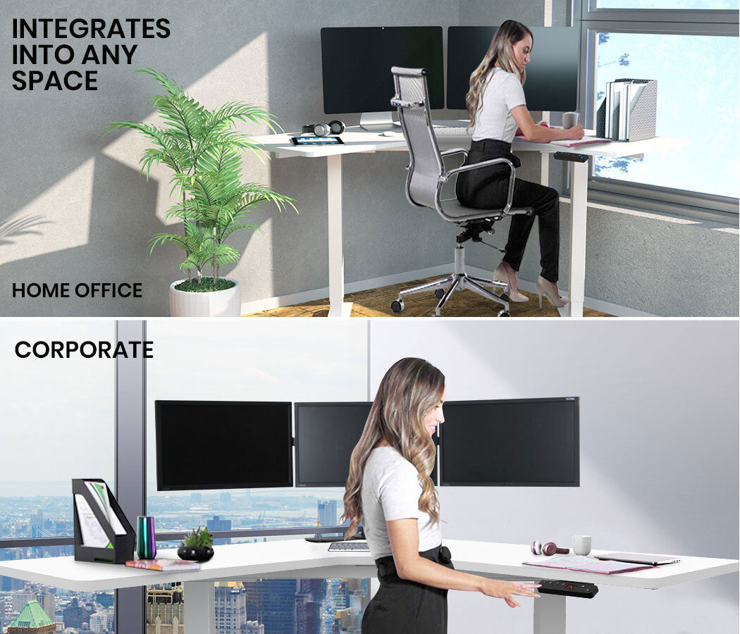 Fortia Sit To Stand Up Corner Standing Desk, 72-120cm, Dual Motor, Electric Height Adjustable, 80kg Load, White/White Frame - Cosy Abode
