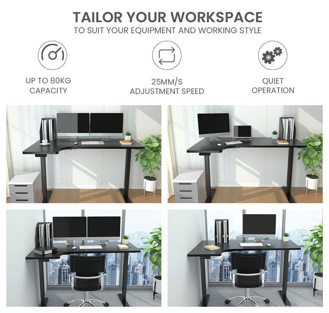 FORTIA L-Shape Standing Desk, 1450W x 850D x 600D, Dual Motor, 80kg Load, Sit to Stand Up Electric Height Adjustable, Left-Hand Sided, Black/Black Frame - Cosy Abode