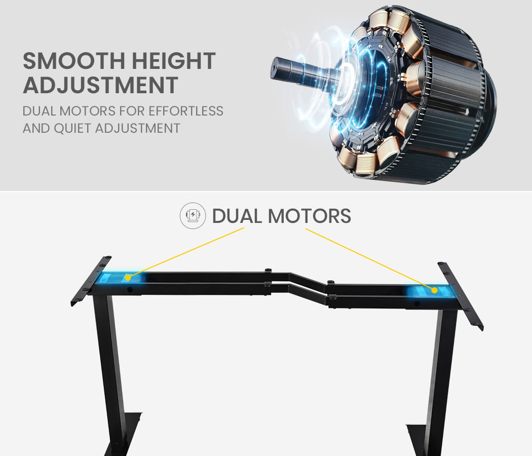 FORTIA L-Shape Standing Desk, 1450W x 850D x 600D, Dual Motor, 80kg Load, Sit to Stand Up Electric Height Adjustable, Left-Hand Sided, Black/Black Frame - Cosy Abode