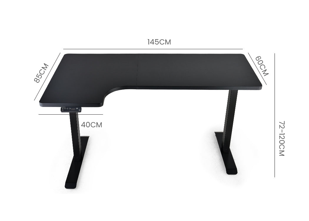 FORTIA L-Shape Standing Desk, 1450W x 850D x 600D, Dual Motor, 80kg Load, Sit to Stand Up Electric Height Adjustable, Left-Hand Sided, Black/Black Frame - Cosy Abode
