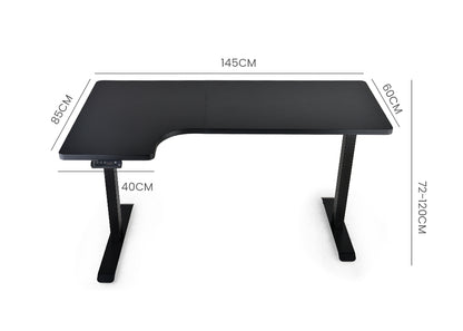 FORTIA L-Shape Standing Desk, 1450W x 850D x 600D, Dual Motor, 80kg Load, Sit to Stand Up Electric Height Adjustable, Left-Hand Sided, Black/Black Frame - Cosy Abode