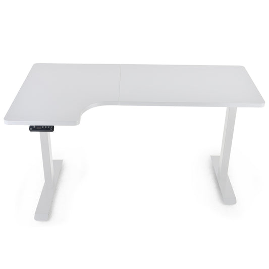 FORTIA L-Shape Standing Desk, 1450W x 850D x 600D, Dual Motor, 80kg Load, Sit to Stand Up Electric Height Adjustable, Left-Hand Sided, White/White Frame - Cosy Abode