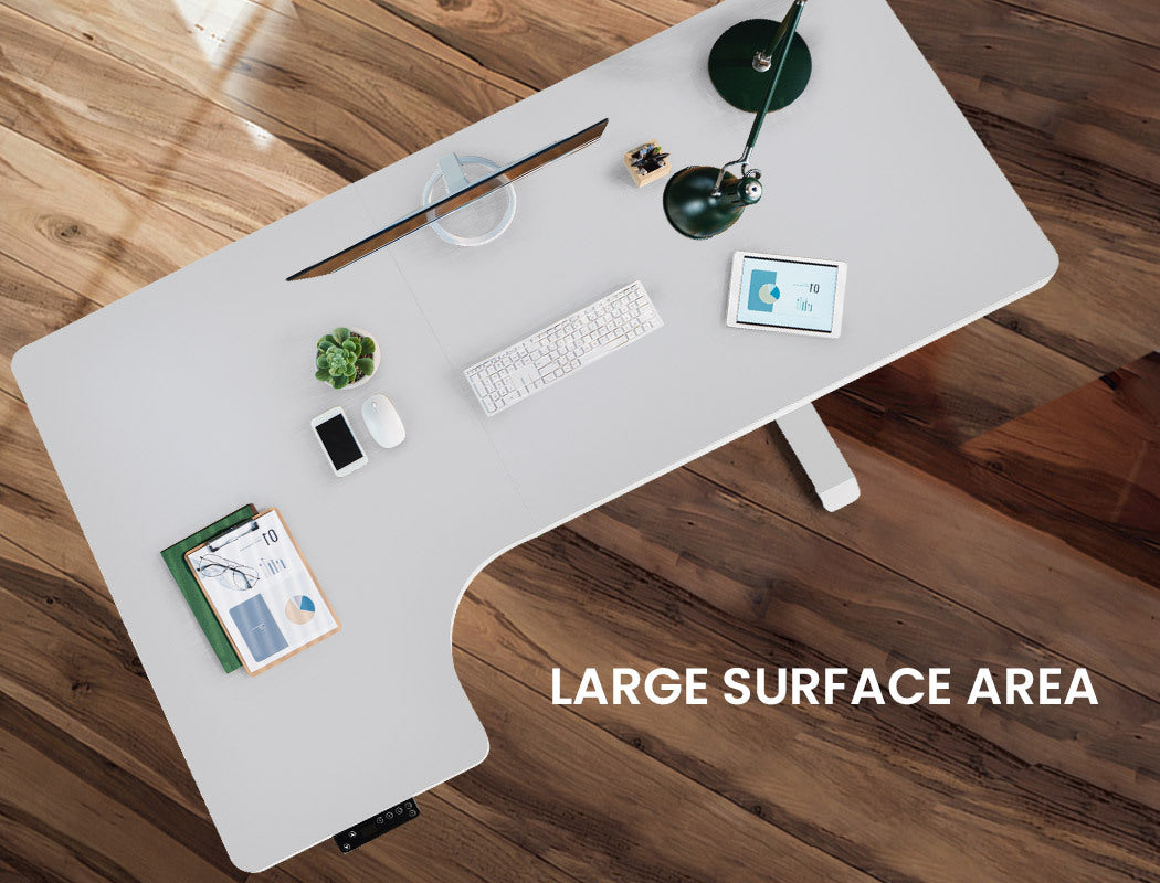 FORTIA L-Shape Standing Desk, 1450W x 850D x 600D, Dual Motor, 80kg Load, Sit to Stand Up Electric Height Adjustable, Left-Hand Sided, White/White Frame - Cosy Abode