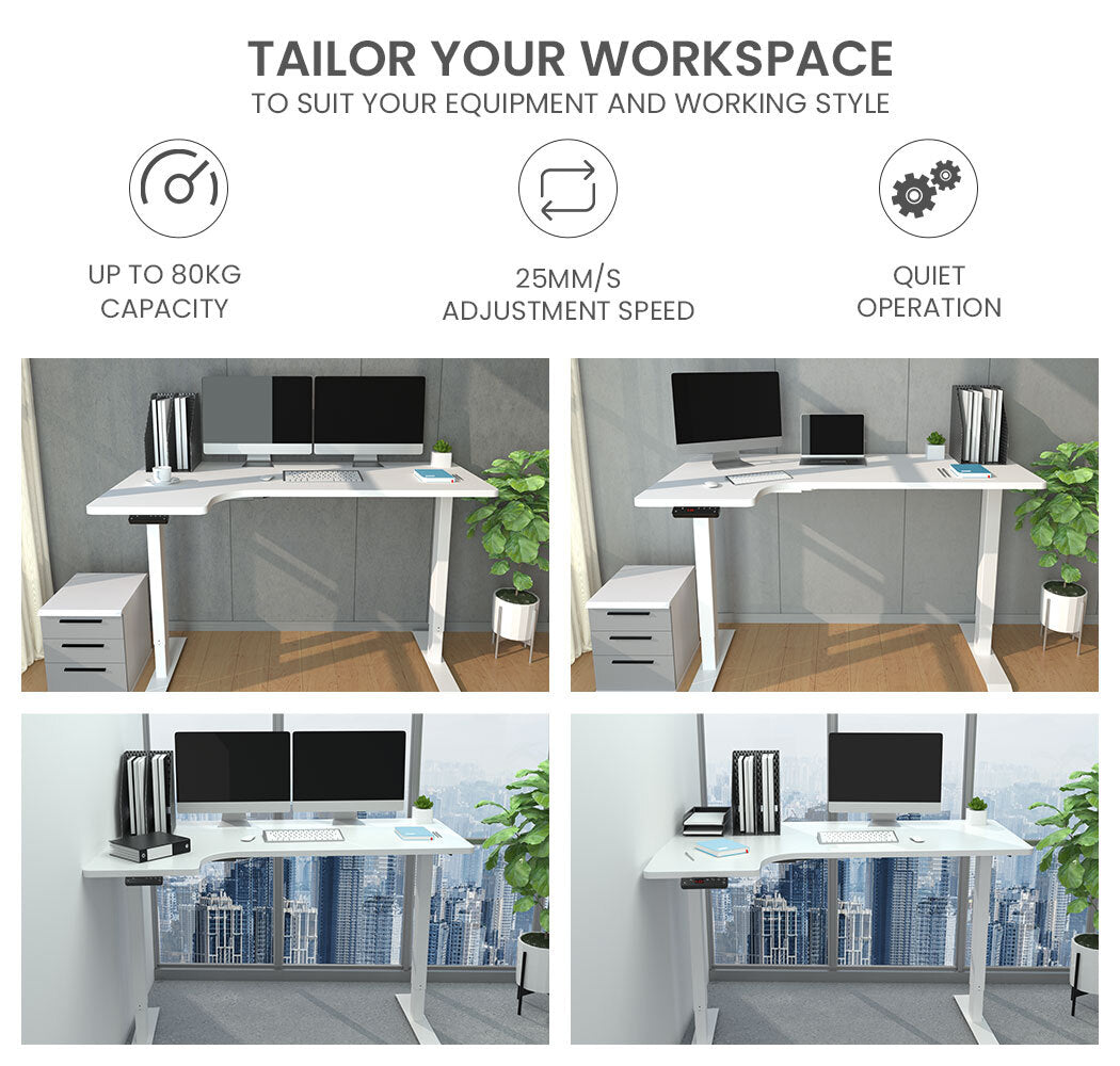 FORTIA L-Shape Standing Desk, 1450W x 850D x 600D, Dual Motor, 80kg Load, Sit to Stand Up Electric Height Adjustable, Left-Hand Sided, White/White Frame - Cosy Abode