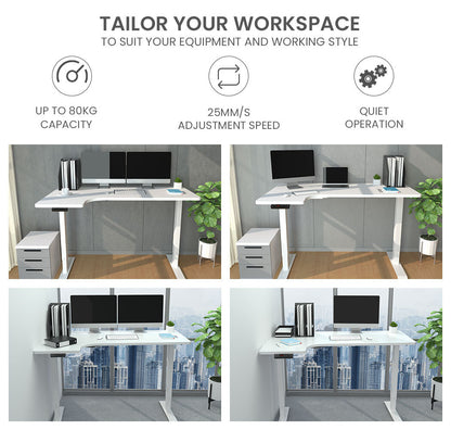 FORTIA L-Shape Standing Desk, 1450W x 850D x 600D, Dual Motor, 80kg Load, Sit to Stand Up Electric Height Adjustable, Left-Hand Sided, White/White Frame - Cosy Abode