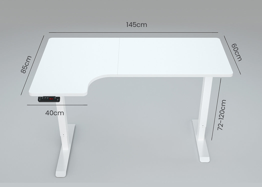 FORTIA L-Shape Standing Desk, 1450W x 850D x 600D, Dual Motor, 80kg Load, Sit to Stand Up Electric Height Adjustable, Left-Hand Sided, White/White Frame - Cosy Abode
