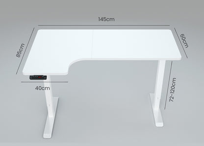 FORTIA L-Shape Standing Desk, 1450W x 850D x 600D, Dual Motor, 80kg Load, Sit to Stand Up Electric Height Adjustable, Left-Hand Sided, White/White Frame - Cosy Abode